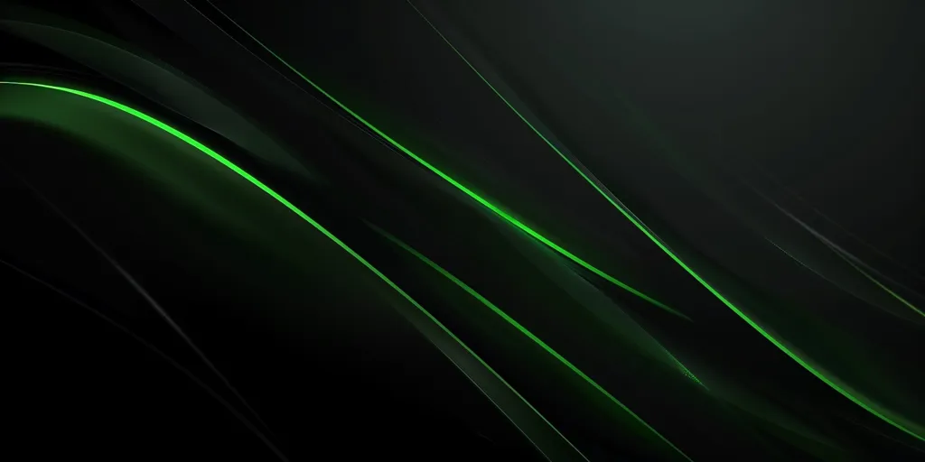 The image is of a dark background with several curved green lines. The lines are glowing and have a neon effect. The background is black and the lines are a bright green. The image has a futuristic and technological feel to it. It could be used as a background for a website or for a video game.