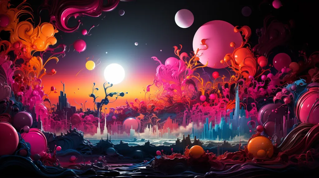The image is an abstract landscape. There are no recognizable objects, but there are a number of shapes and colors that suggest a landscape. The colors are pink, blue, orange, and yellow. The shapes are round, oval, and linear. The image has a dreamlike quality, and it is not clear what it is depicting.