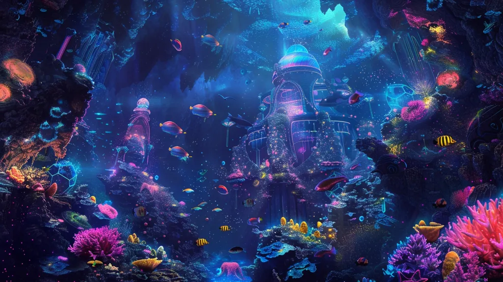 The image is a beautiful underwater scene. The water is a deep blue color and the light is shining down from the surface, creating a shimmering effect. There are many different types of fish swimming around, all of which are brightly colored. The fish are swimming in and out of the coral reefs, which are also brightly colored. The coral reefs are in various shapes and sizes, and they create a beautiful and intricate landscape.