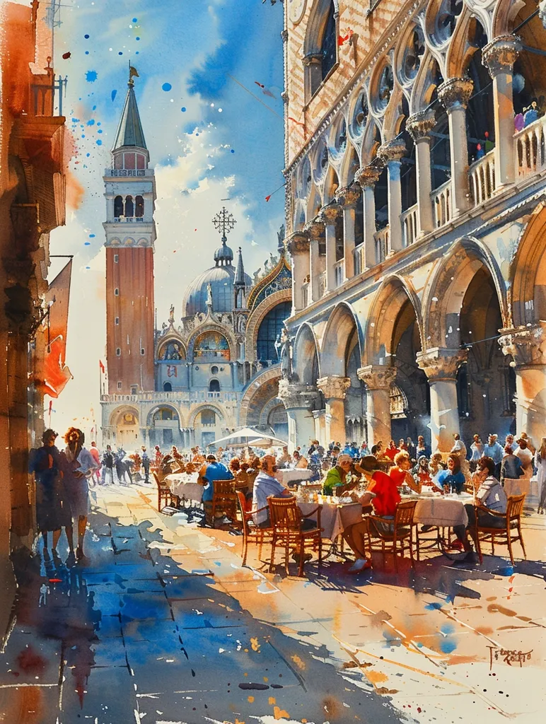 This is a watercolor painting of a street scene in Venice. The painting captures the beauty of the city's architecture and the lively atmosphere of the streets. The artist has used a light and airy palette to create a sense of warmth and sunshine. The painting is full of life and movement, and it seems to capture the essence of Venice.
