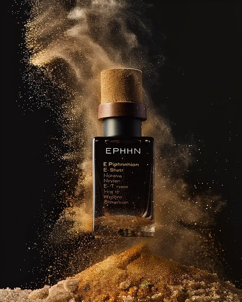 The image is a dark, dramatic, and luxurious perfume bottle. The bottle is made of black glass and has a gold cap. The bottle is surrounded by a cloud of gold dust. The image is very stylish and has a high-end look. The bottle is in focus and has a very clear reflection. The background is black and out of focus. The image is very well lit and has a very dramatic look.