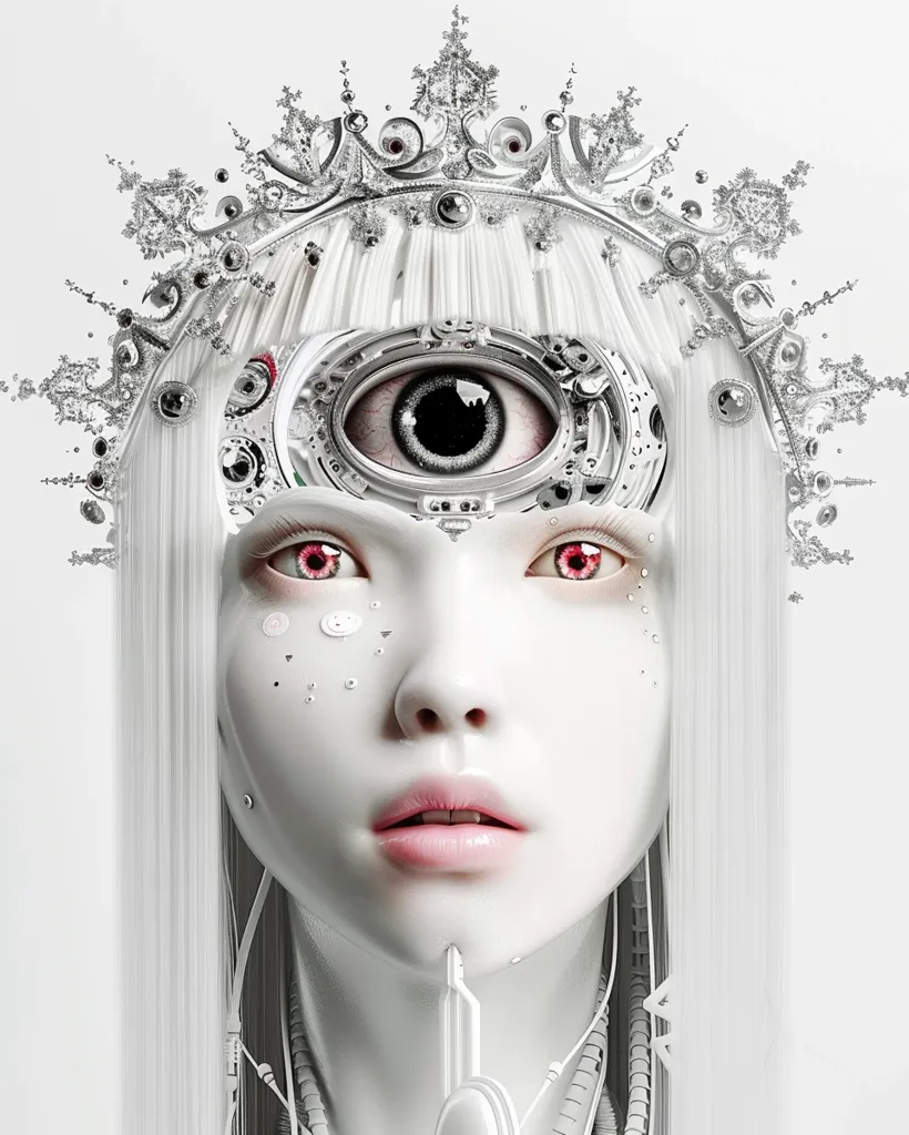 The image is a portrait of a woman with white hair and red eyes. She is wearing a crown and has a third eye in the center of her forehead. The woman's skin is pale and flawless. She is wearing a white dress with a high collar. The background is white. The image is in a realistic style and is very detailed.