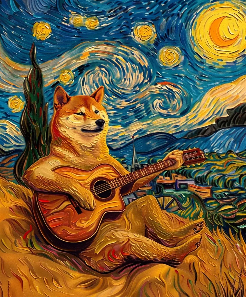 The image is a painting of a Shiba Inu dog sitting in a field of wheat. The dog is playing a guitar and there is a crescent moon in the background. The painting is done in the style of Vincent van Gogh's Starry Night.