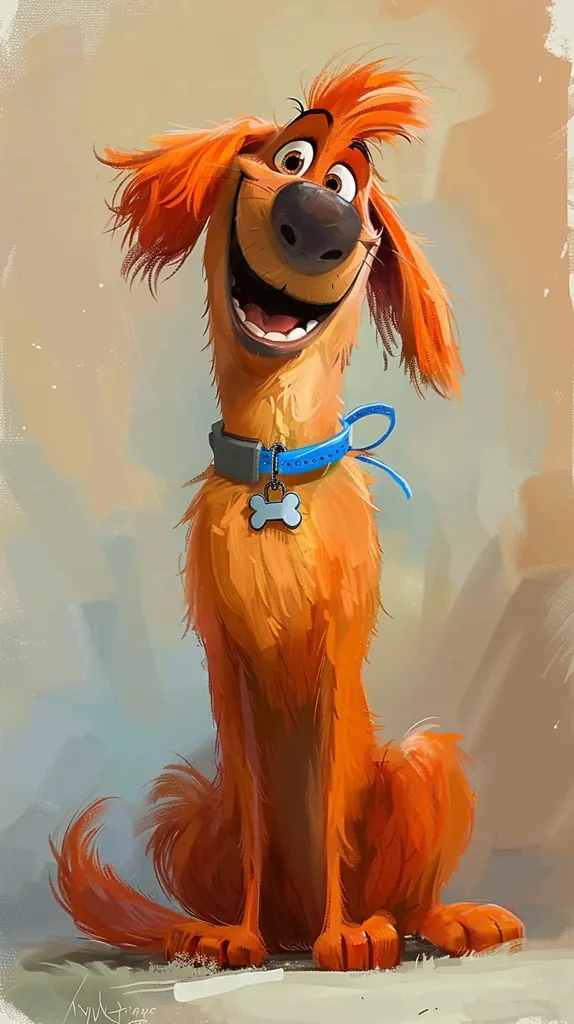 This is a cartoon dog. It has orange fur, a black nose, and brown eyes. It is wearing a blue collar with a bone-shaped tag. It is sitting on its haunches with its front paws resting in front of him. It has a happy expression on its face and it seems to be excited.