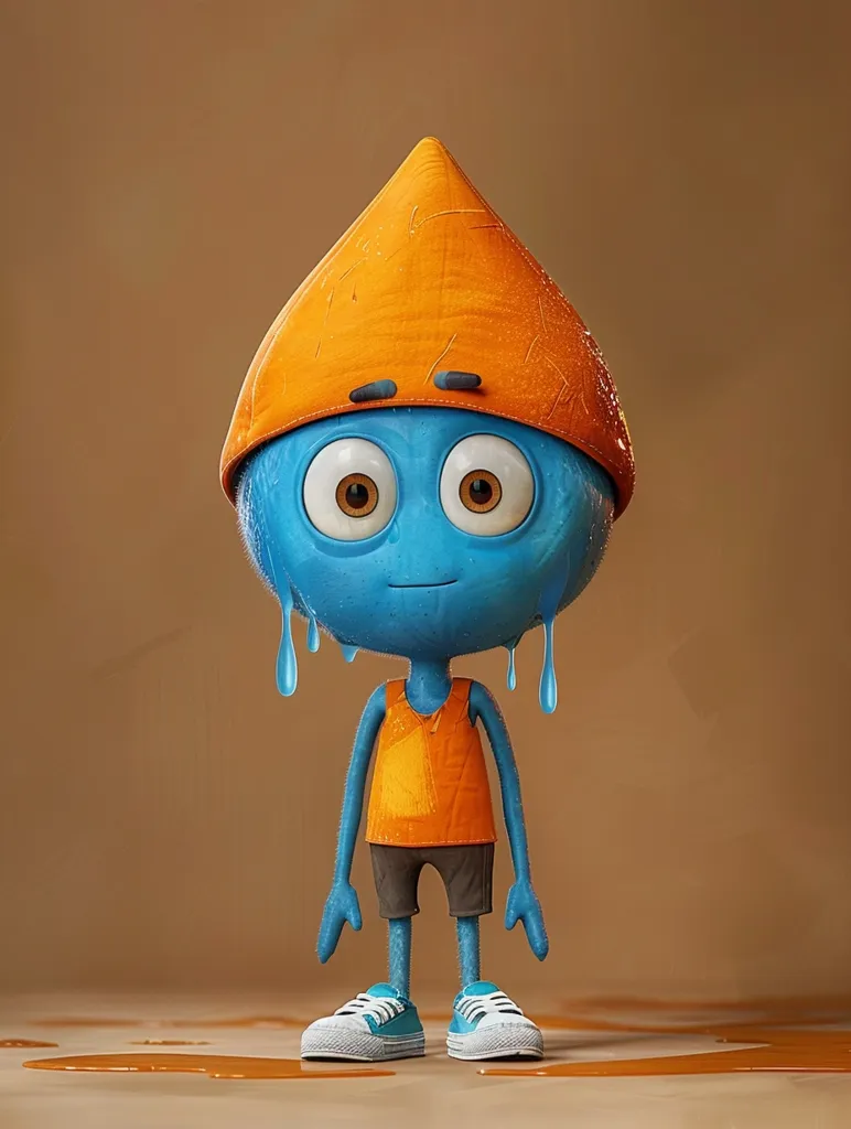 The image shows a 3D cartoon character. It is a blue water drop with a yellow hat. The water drop is wearing a yellow tank top and blue shorts. It has big eyes and a friendly smile. It is standing in a puddle of water. The background is a light brown color.