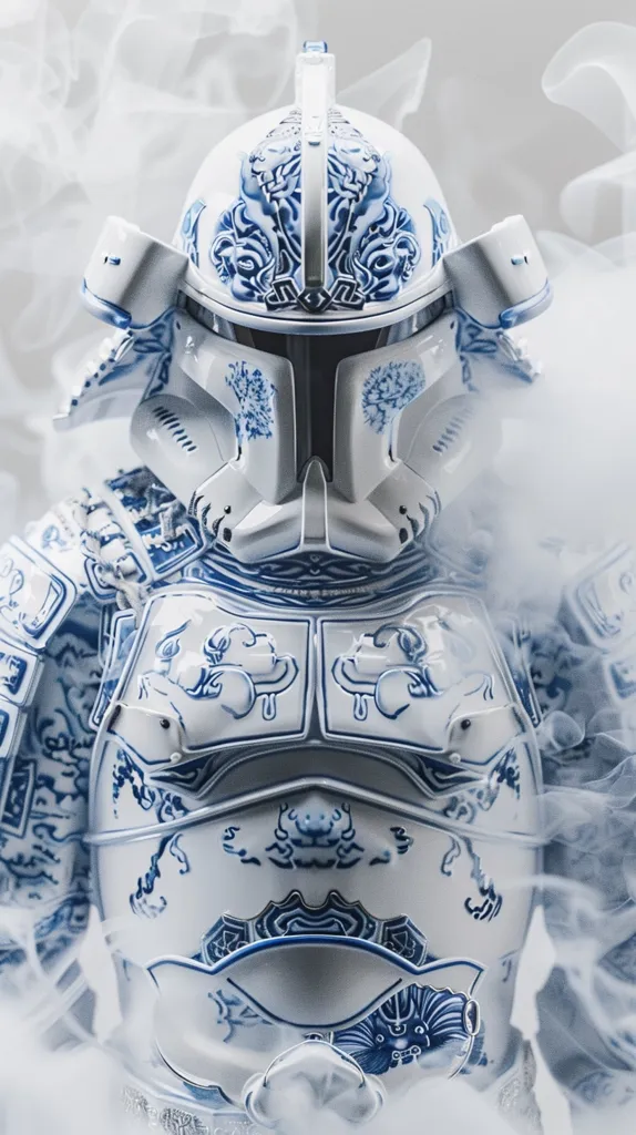 The image is a photograph of a samurai helmet and armor with a stormtrooper helmet. The helmet and armor are made of white ceramic with blue and gray floral designs. The stormtrooper helmet is black with a white visor. The image is set against a white background with smoke on the bottom.