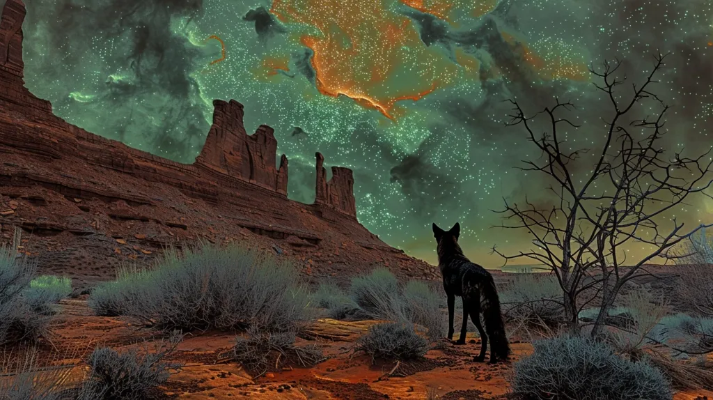 A lone wolf stands on a rocky hilltop, looking out over a vast desert landscape. The sky is dark, and the stars are bright. The wolf is silhouetted against the sky, and its fur is blowing in the wind. The scene is one of beauty and solitude. The wolf is a symbol of strength and independence, and the desert is a symbol of harshness and unforgivingness. The image captures the essence of the wild and the beauty of nature.