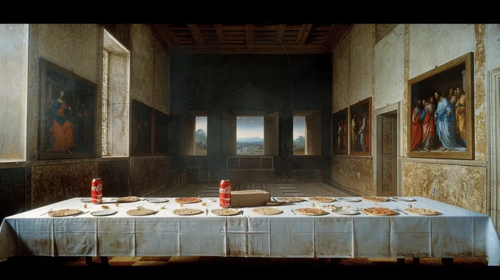 The image shows a long table set with a white tablecloth and several plates of pizza. There are also two Coca-Cola cans on the table. The room is decorated with paintings and there are two large windows in the background.