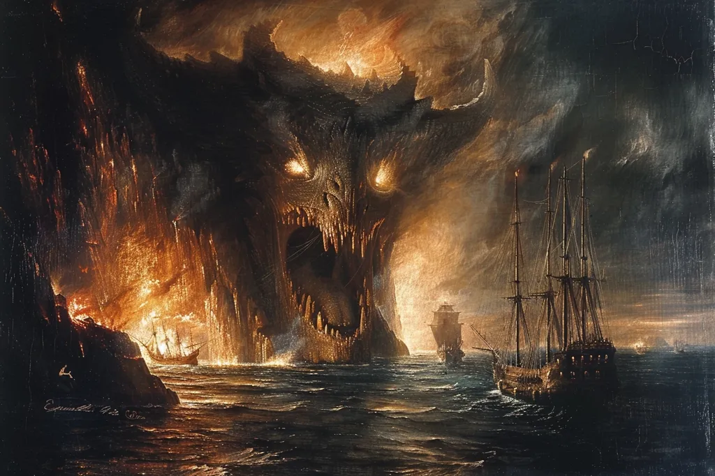 The painting is a dark and stormy night. The sea is rough and choppy, and the waves are crashing against the rocks. In the background, a large, dark creature is looming over the ships. The creature has the head of a lion, the body of a dragon, and the wings of a bat. Its eyes are glowing red, and its mouth is open in a roar. The ships are being tossed around by the waves, and the sailors are desperately trying to keep them afloat. The painting is full of suspense and danger, and it captures the power and fury of the sea.