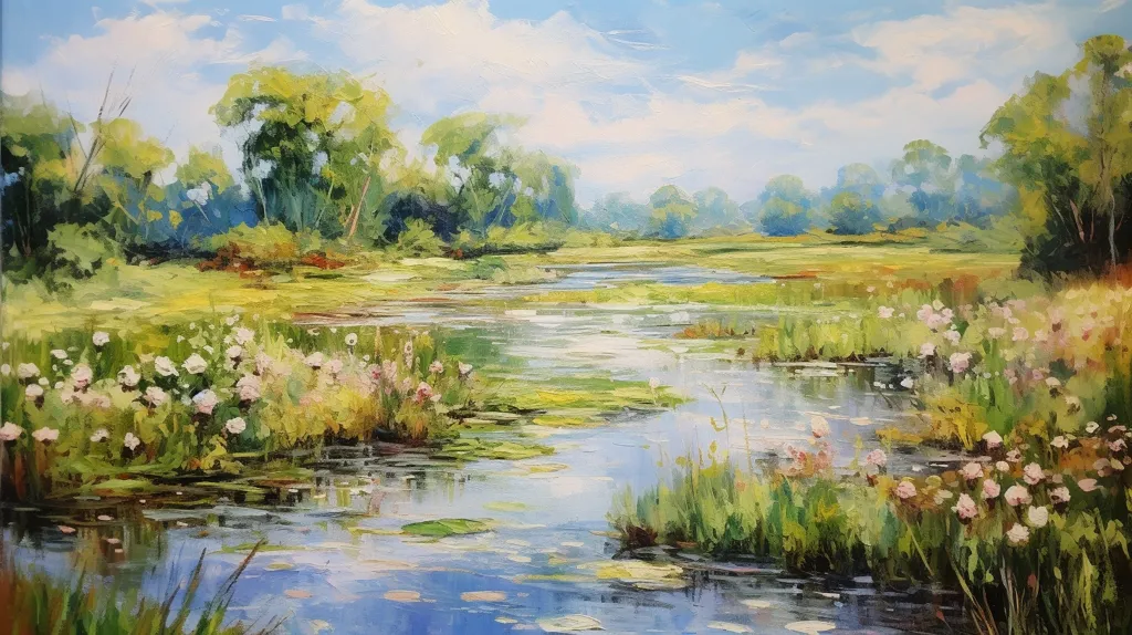 This is an oil painting of a beautiful landscape. The sky is blue and cloudy, and the sun is shining brightly. There are green trees and white flowers in the foreground, and a river in the background. The painting is done in a realistic style, and the artist has captured the beauty of the scene in great detail.