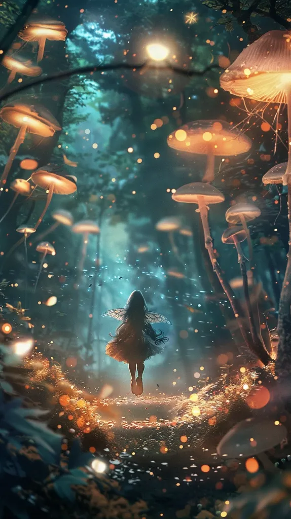The image is a depiction of a fairy flying through a forest. The fairy is surrounded by glowing mushrooms and fireflies. The forest is dark and mysterious, but the fairy's presence brings a sense of magic and wonder to the scene. The image is full of vibrant colors and intricate details.