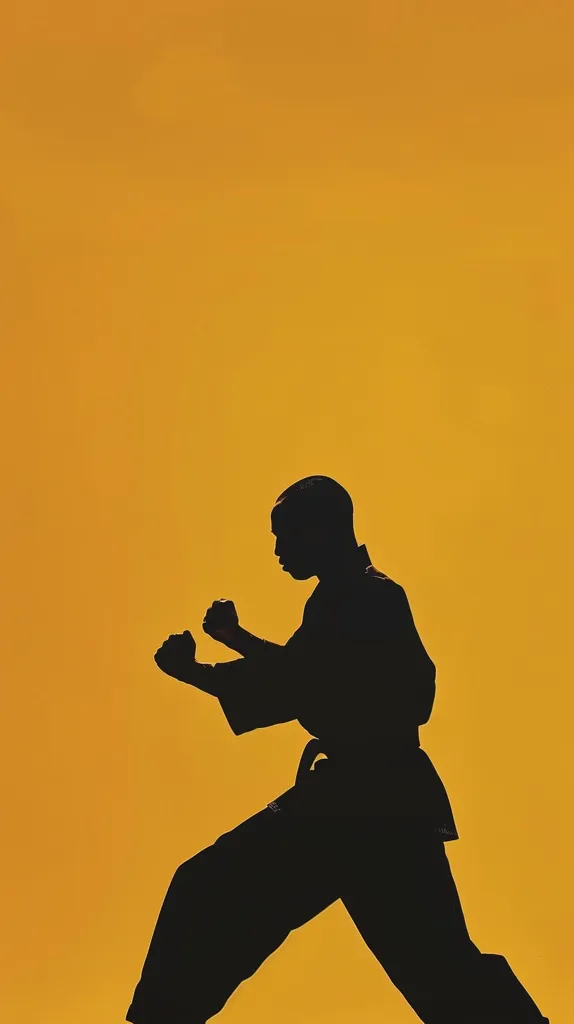 The image is a silhouette of a man in a karate stance. He is wearing a gi and a black belt. The man is in a fighting stance, with his fists raised and his feet shoulder-width apart. The background is a bright yellow. The image is simple and striking, and it captures the power and grace of karate.