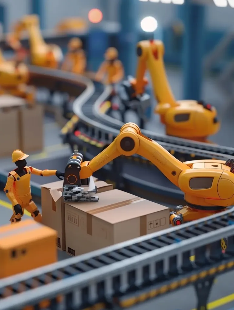 The image shows a section of a factory that is staffed entirely by robots. The robots are all yellow and are dressed in white hard hats and coveralls. They are working on an assembly line, and are moving boxes from one place to another. The factory is brightly lit and is very clean. The image is very futuristic, and it shows how robots are increasingly being used in the workplace.