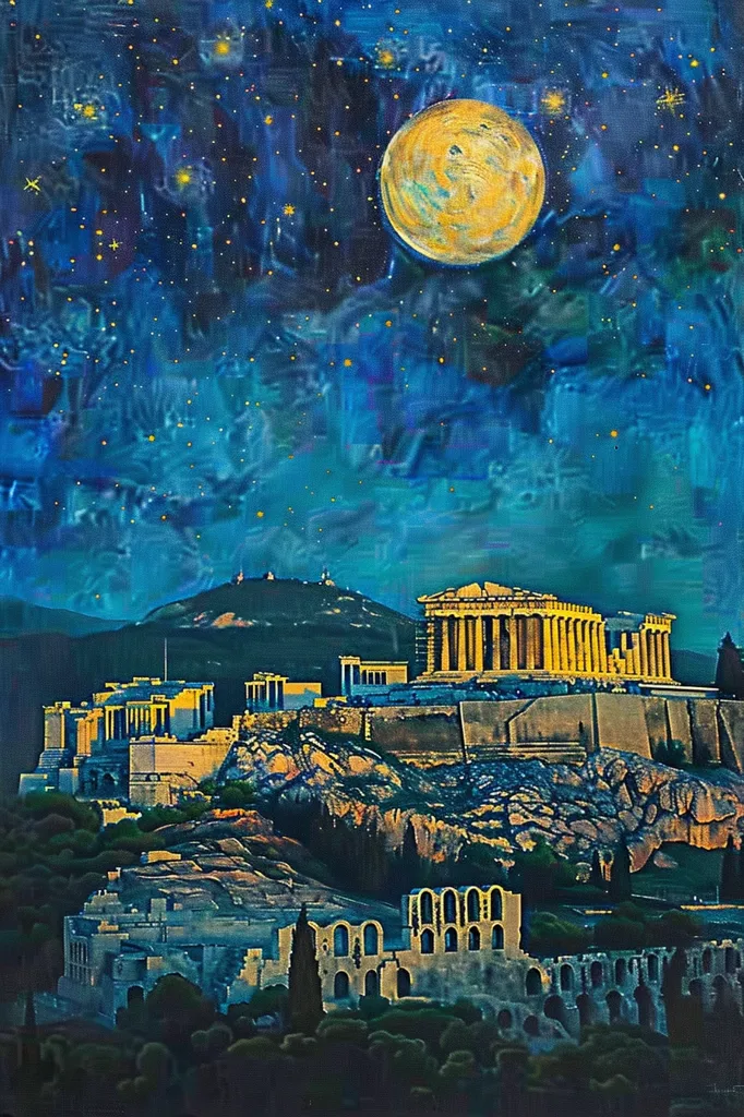 The painting is of the Parthenon in Athens, Greece. It is night and the sky is full of stars. The moon is shining brightly and the Parthenon is lit up by its light. The painting is in a realistic style and the artist has used a variety of colors to create a beautiful and atmospheric scene.