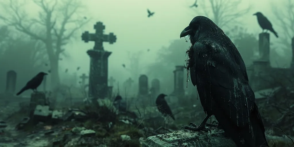 A murder of crows gathers in a cemetery. The ravens are perched on the gravestones and in the trees. Their black feathers are in stark contrast to the pale gray of the tombstones. The scene is eerie and atmospheric.