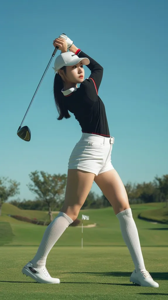 A young woman is playing golf. She is wearing a white hat, a black shirt, and white shorts. She is swinging the club and is about to hit the ball. The background is a green golf course with trees in the distance. The sky is blue, and the sun is shining.