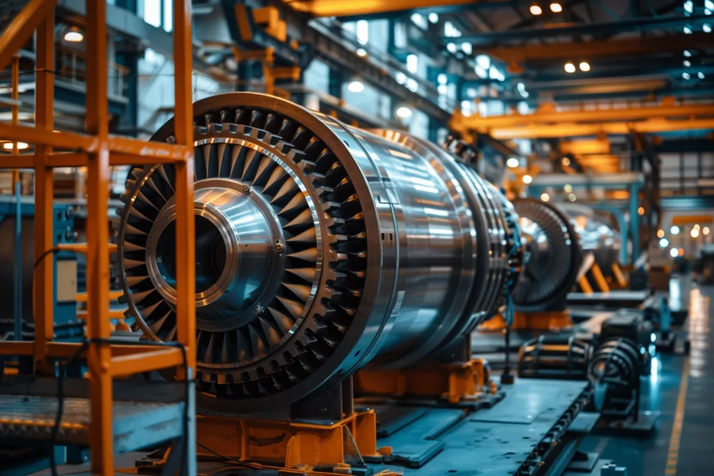 In this image, you can see a large metal turbine. It is likely used to generate electricity. The turbine is made of many different parts, including blades, a rotor, and a stator. The blades are attached to the rotor, which spins inside the stator. The spinning of the rotor creates an electric current in the stator. The turbine is housed in a large metal casing.