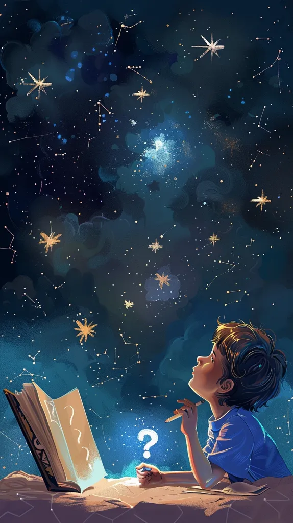 A boy is drawing on a paper with a question mark. What is he drawing? The boy is looking up at the night sky, which is full of stars and constellations. He is probably wondering what they are and how they came to be. The boy is surrounded by books, which suggests that he is curious and loves to learn. He is probably reading about the stars and constellations, and he is trying to understand them. The boy is in a world of his own, and he is lost in thought. He is probably thinking about all the possibilities that the universe holds.