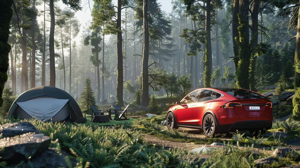 The image shows a red Tesla Model X parked in a forest. The car is parked next to a green tent and there is a table and two chairs set up in front of the tent. The forest is dense and the trees are tall and green. The sun is shining through the trees and there is a mist in the air. The image is very peaceful and serene.