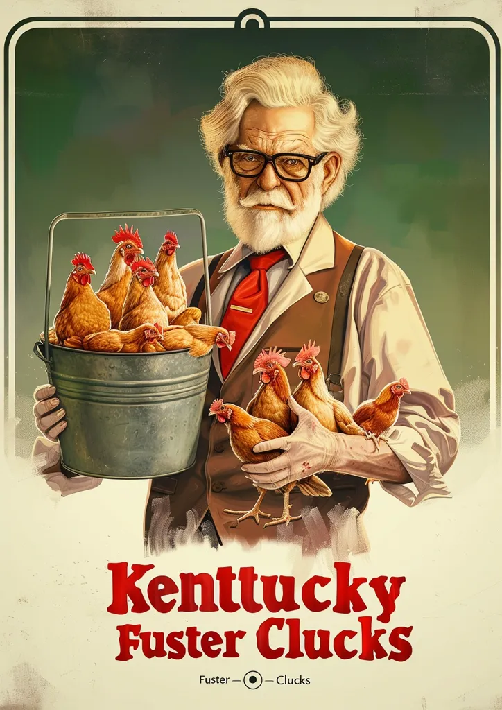 The image is a poster of a man holding a bucket of chickens. The man is wearing a white shirt, red tie, and glasses. He has a white beard and a stern expression on his face. The bucket is filled with chickens, which are clucking and flapping their wings. The poster is advertising a restaurant called "Kentucky Fuster Clucks."