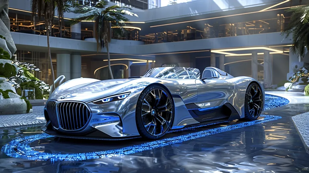 The image shows a futuristic silver BMW sports car. It is parked in a modern city with tall buildings and palm trees. The car is sleek and stylish, with a long hood and a short trunk. It has a blue glow around the wheels and headlights. The car is surrounded by water, which reflects the light and makes the car look like it is floating.