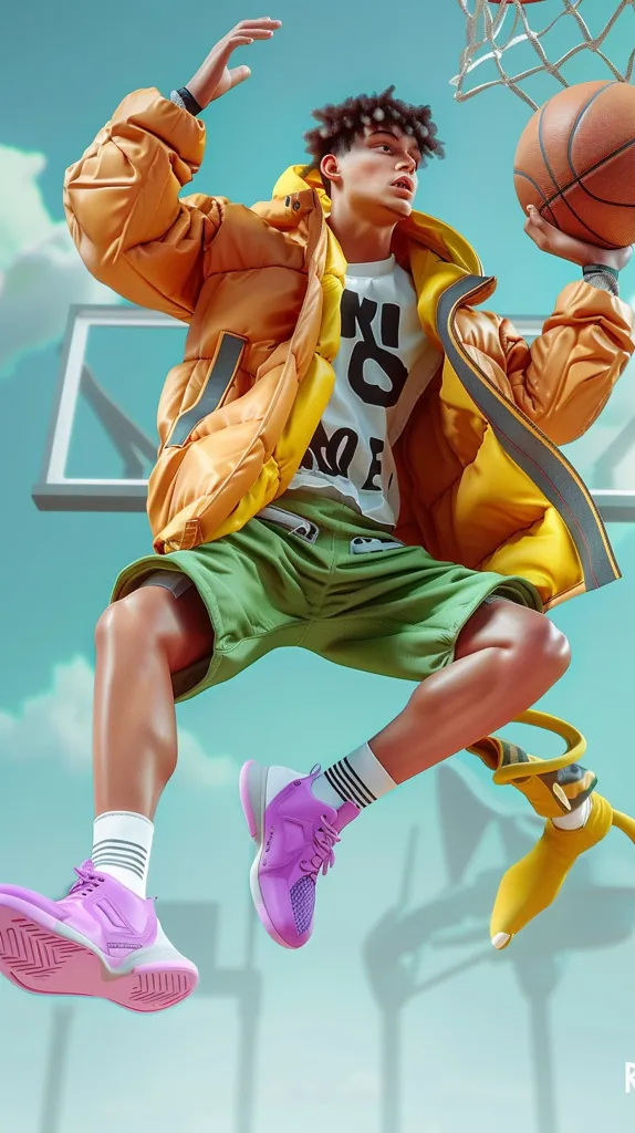 The image shows a young man in mid-air, about to dunk a basketball. He is wearing a yellow jacket, green shorts, and purple shoes. The background is a blue sky with white clouds. The man's expression is one of determination and focus. He seems to be very skilled.
