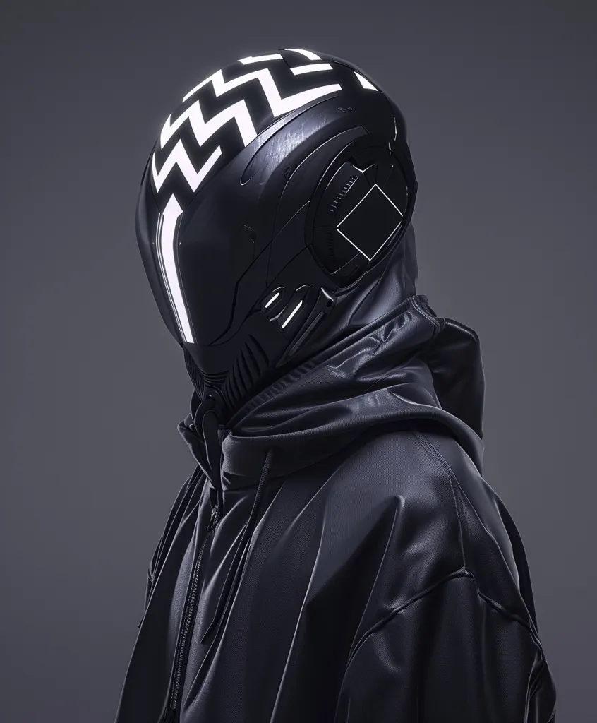 The image is of a person wearing a black helmet with white markings. The helmet covers the person's entire head, and has a visor that is closed. The person is wearing a black leather jacket, and the jacket is zipped up to the neck. The person's hands are not visible. The background is a dark grey.