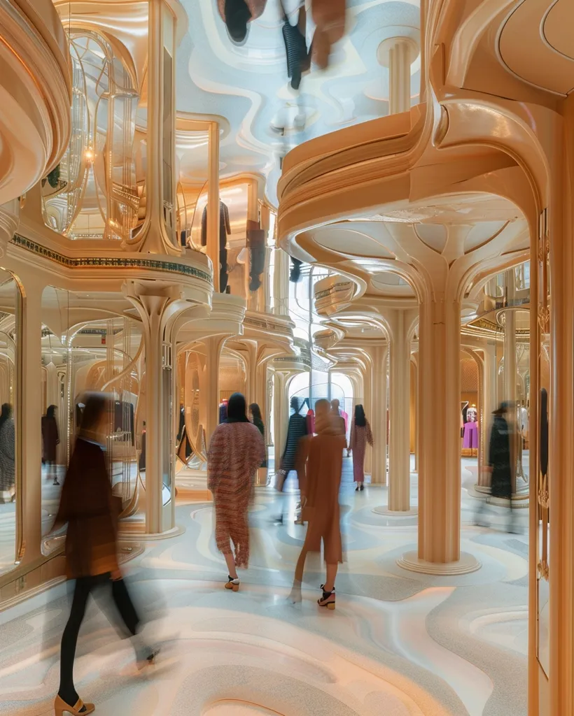 The image is a long, curved hallway with a mirrored ceiling. The walls are lined with golden columns and the floor is made of marble. There are people walking through the hallway, their reflections creating a sense of movement and depth. The hallway is lit by a soft, golden light. The overall effect is one of luxury and elegance.