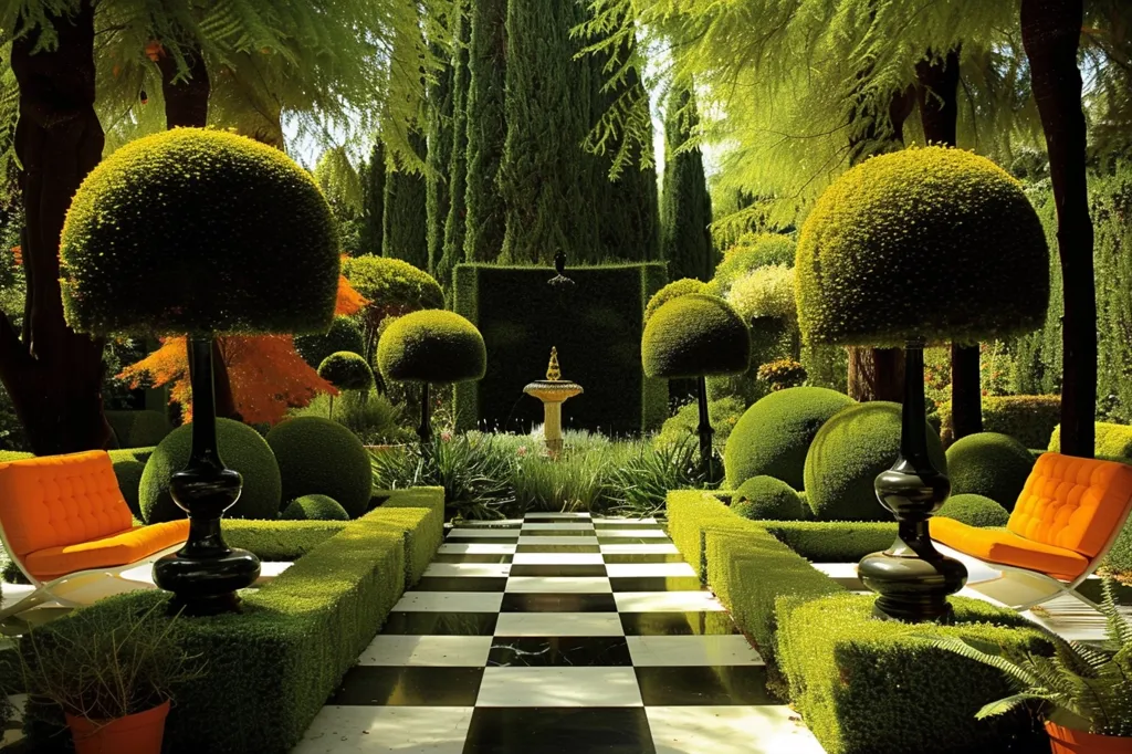 The image is a beautiful garden with a checkerboard-tiled path leading to a fountain. The garden is full of green topiary trees and plants, and there are two orange chairs placed on either side of the path. The topiary is shaped into various shapes, including spheres, cubes, and spirals.