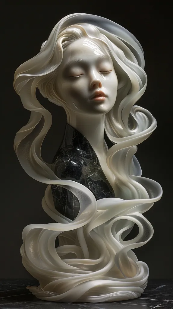 This is a sculpture of a woman's head and shoulders. The woman is depicted with her eyes closed and her head tilted slightly to the right. Her hair is long and flowing, and it is wrapped around her neck and shoulders. The sculpture is made of white marble, and it is mounted on a black base. The sculpture is a beautiful and lifelike depiction of a woman, and it is a testament to the skill of the sculptor.