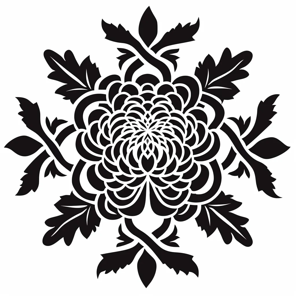 The image is a black and white circular floral pattern. It features a large, intricate flower in the center with four leaf-like shapes arranged around it. The design is symmetrical and has a traditional, almost Eastern feel to it.