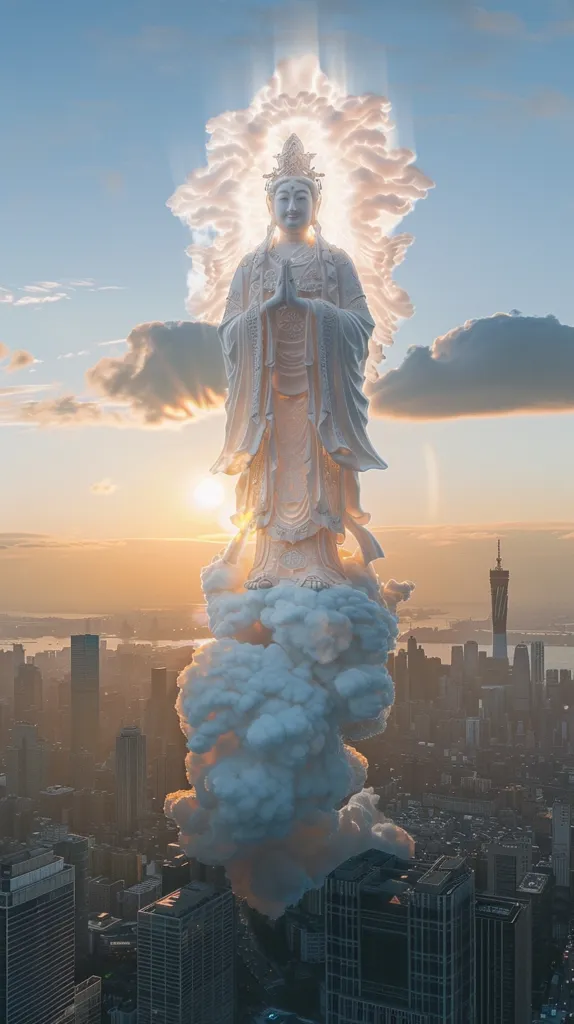 The image is a depiction of a deity, likely a goddess, standing above a city. The figure is dressed in a traditional Chinese style and has a serene expression on her face. The background is a bright sky with clouds. The overall effect is one of peace and tranquility.