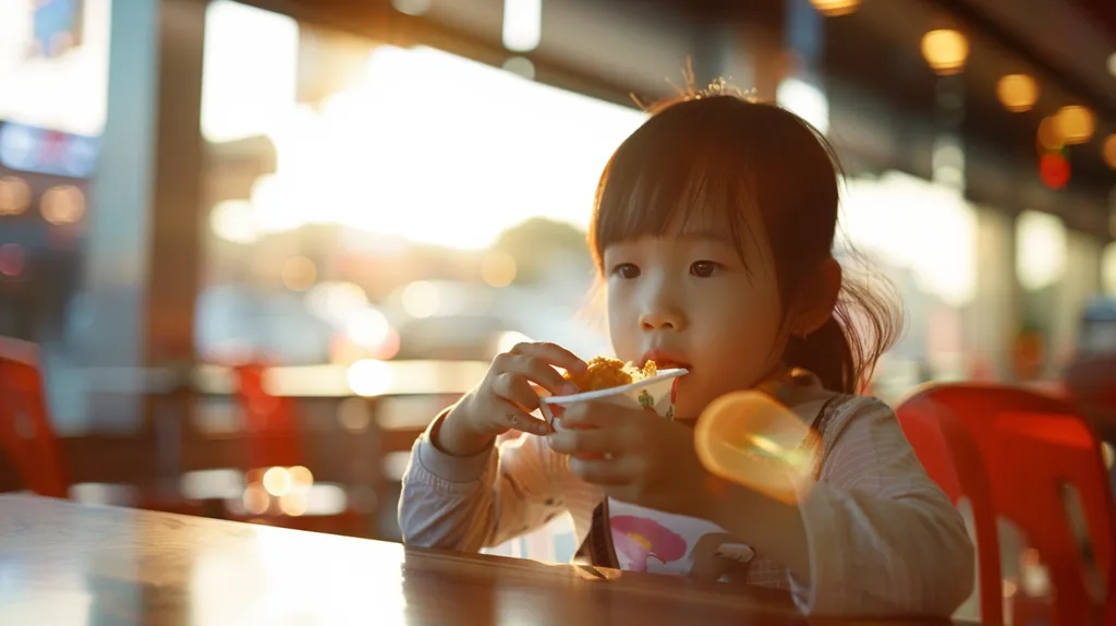 A little girl is sitting at a table in a restaurant. She is eating a piece of chicken with her right hand. She has a serious expression on her face. The background is blurry and there is a bright light coming from the left side of the image. The girl is wearing a white shirt with pink flowers on it.