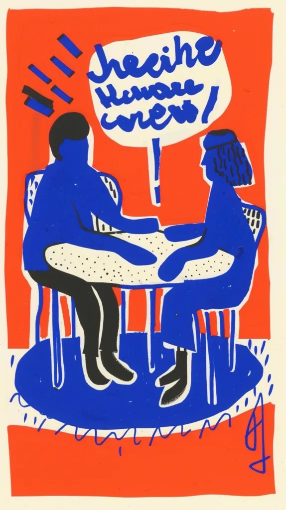 The image shows two people sitting at a table, having a conversation. The person on the left is saying something, and the person on the right is listening. The background is red, and the table is blue. The people are both wearing blue. The image is simple, but it captures the essence of a conversation.