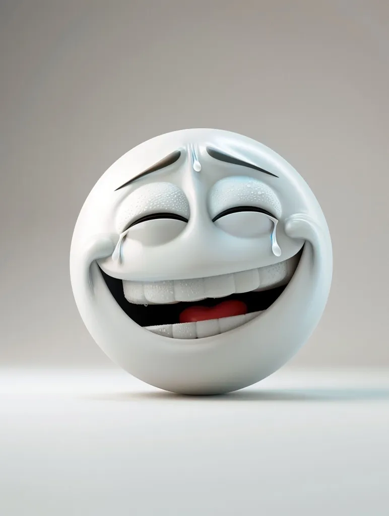 The image is a 3D rendering of a white emoji with a happy expression. It has a wide open smile, with two large white teeth and a red tongue. Its eyes are closed and there are two small tears coming from each eye. The emoji is sweating and there are several droplets of sweat on its forehead and cheeks.