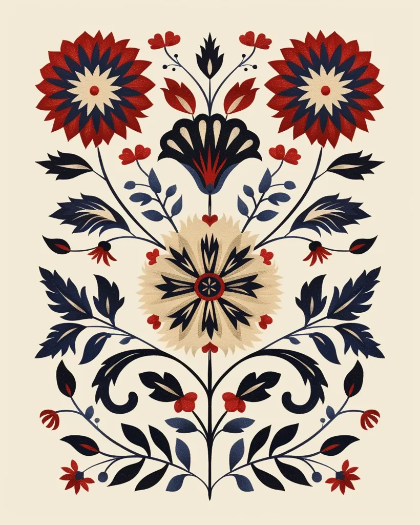 This is a beautiful floral pattern. The colors are red, blue, and white. The pattern is symmetrical and has a lot of detail. The flowers are different sizes and shapes. The leaves are also different sizes and shapes. The pattern is very intricate and would be perfect for a fabric design.