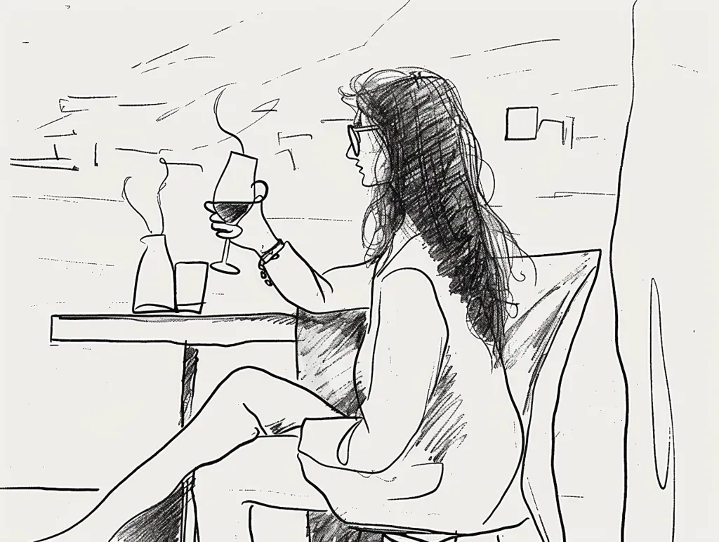 The image is a sketch of a woman sitting in a chair, with one leg crossed over the other. She is wearing a dress and has long hair. She is holding a wine glass in her right hand and looking at it. There is a book on the table next to her. The background is a wall with a door and a window.