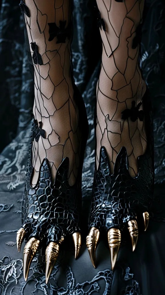 The image shows a pair of black high-heeled shoes with a reptilian, dragon-like design. The shoes have golden claws and a black fishnet pattern on the upper part. The shoes are shown on a black patterned background.