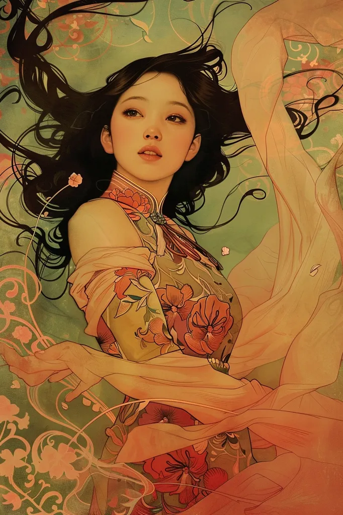 The image is a painting of a beautiful young woman with long black hair. She is wearing a traditional Chinese dress with a floral pattern. The background is a light green color with a floral pattern. The painting is done in a realistic style and the woman's expression is serene and peaceful.
