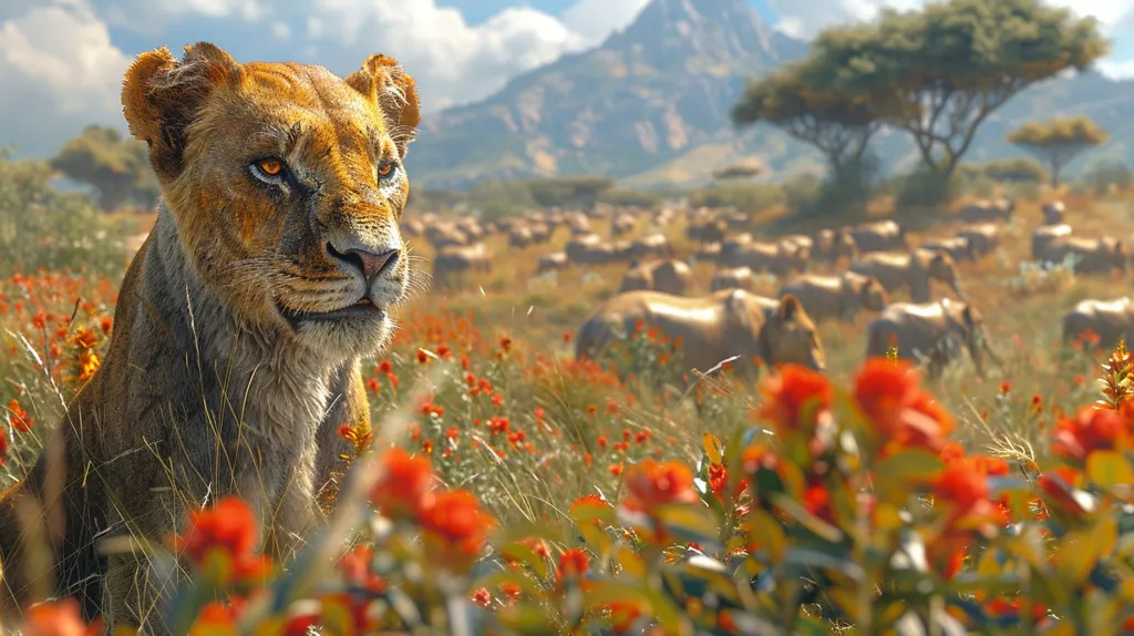 In the middle of a vast plain, a lioness stands tall, her eyes scanning the horizon. The sun shines brightly overhead, casting a golden glow on her fur. The lioness is surrounded by tall grass and red flowers, which sway gently in the breeze. In the distance, a herd of wildebeest grazes peacefully. The lioness watches them for a moment, then turns and walks away, her powerful muscles rippling beneath her fur.