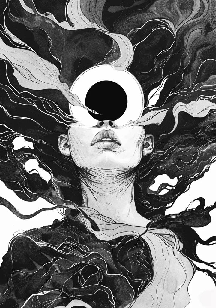 The image is a black and white drawing of a woman's face. She has long, flowing hair and her eyes are closed. There is a large, dark circle in the center of her forehead. The woman's expression is one of serenity and peace. The drawing is done in a realistic style and the artist has used shading to create depth and dimension.