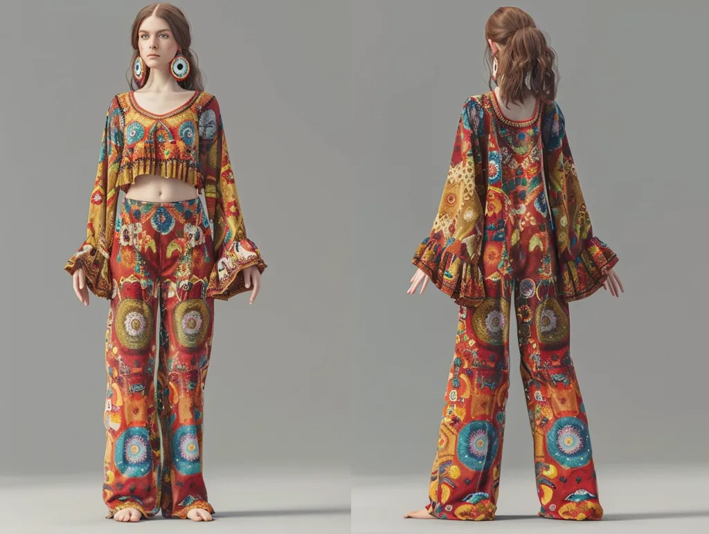 The image shows a woman wearing a colorful two-piece outfit. The outfit is made of a cropped top and wide-legged pants. The top is long-sleeved and has a ruffled hem. The pants are high-waisted and have a flared leg. The outfit is made of a colorful floral print fabric. The woman is also wearing brown leather earrings.