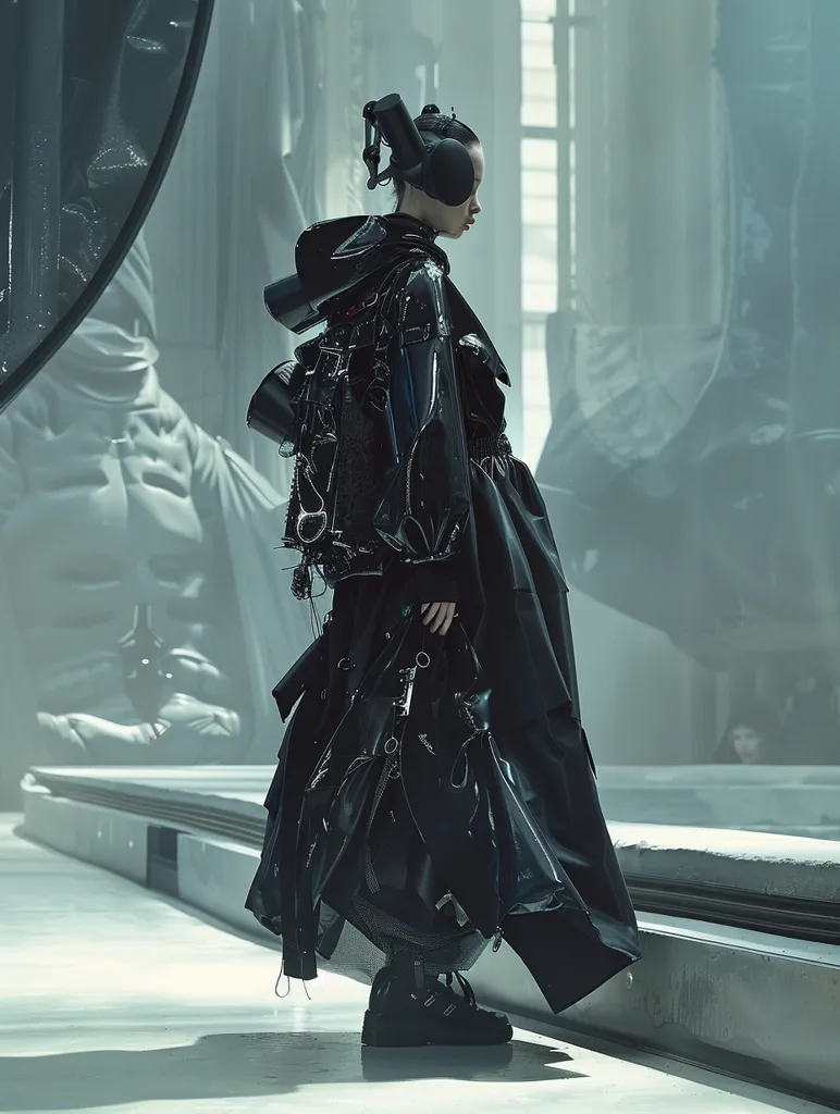 The image is a fashion model wearing a black avant-garde dress. The dress is made of multiple layers of black fabric and has a complex, geometric design. The model is also wearing a black hat and black boots. The image is taken in a studio with a white background. The model is standing on a raised platform and is looking to the side. The image is well-lit and the colors are vibrant. The image is a fashion advertisement and is likely trying to sell the dress.