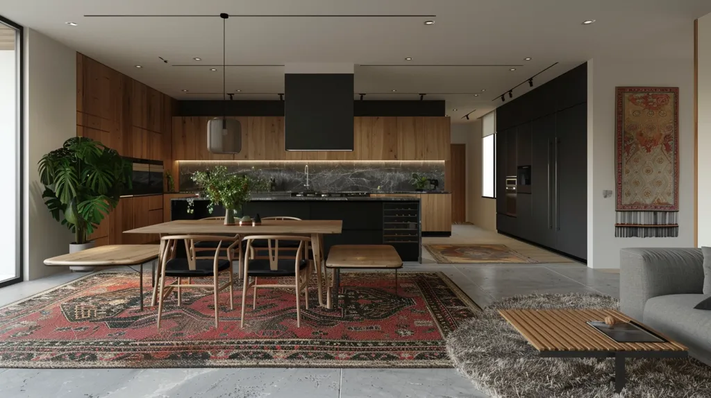 The image shows a modern living room with a dining area and a kitchen. The living room has a large rug with a geometric pattern, a gray sofa, and a wooden coffee table. The dining area has a wooden table with a black metal frame and chairs with black leather seats. The kitchen has dark wood cabinets, a black marble countertop, and a large stainless steel sink. There are three large windows in the living room that let in plenty of natural light. The overall style of the room is modern and minimalist.