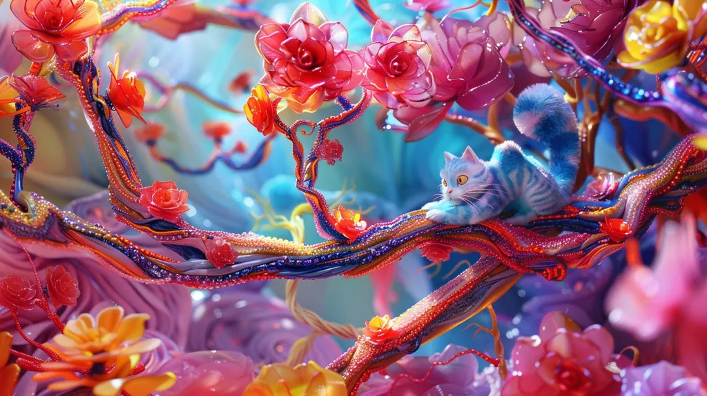 A surreal image of a blue cat with yellow eyes resting on a branch of a tree. The cat's fur is covered in tiny, delicate flowers. The branch is thick and twisted, and it is covered in colorful leaves and flowers. The background is a blur of color, with no discernible shapes. The overall effect is one of beauty and whimsy.