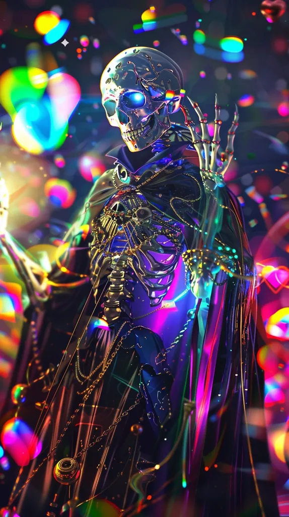 The image is a skeleton wearing a black robe with a hood. The skeleton is made of glowing blue bones, and the robe is decorated with glowing purple and green patterns. The skeleton is standing in a dark void, and there are multi-colored lights floating around it. The skeleton's eyes are glowing blue, and it has a determined expression on its face.
