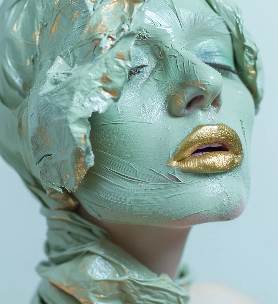 A woman with a green clay mask on her face and gold lipstick. She has her eyes closed and her head is tilted back. The image is taken from a high angle and the background is out of focus. The woman's skin is pale and flawless. The green clay mask is thick and has a rough texture. The gold lipstick is shiny and smooth. The woman's lips are slightly parted. The image is a close-up of the woman's face.