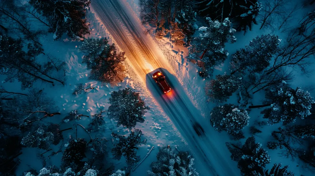 A car drives through a snowy forest at night. The car's headlights and taillights are on, and the snow is lit up by the light. The trees are bare, and the forest is dense. The car is the only thing moving in the image, and it is surrounded by the stillness of the forest. The image is peaceful and serene, and it captures the beauty of the winter landscape.
