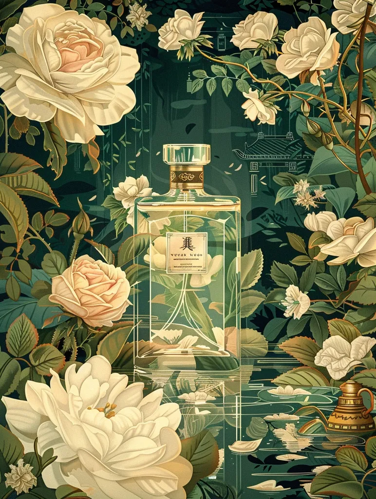 The image is a painting of a bottle of perfume. The bottle is made of glass and is decorated with a floral pattern. The bottle is sitting on a bed of white flowers. The background is a dark green color with a pattern of leaves. The painting has a very soft and romantic feel to it.