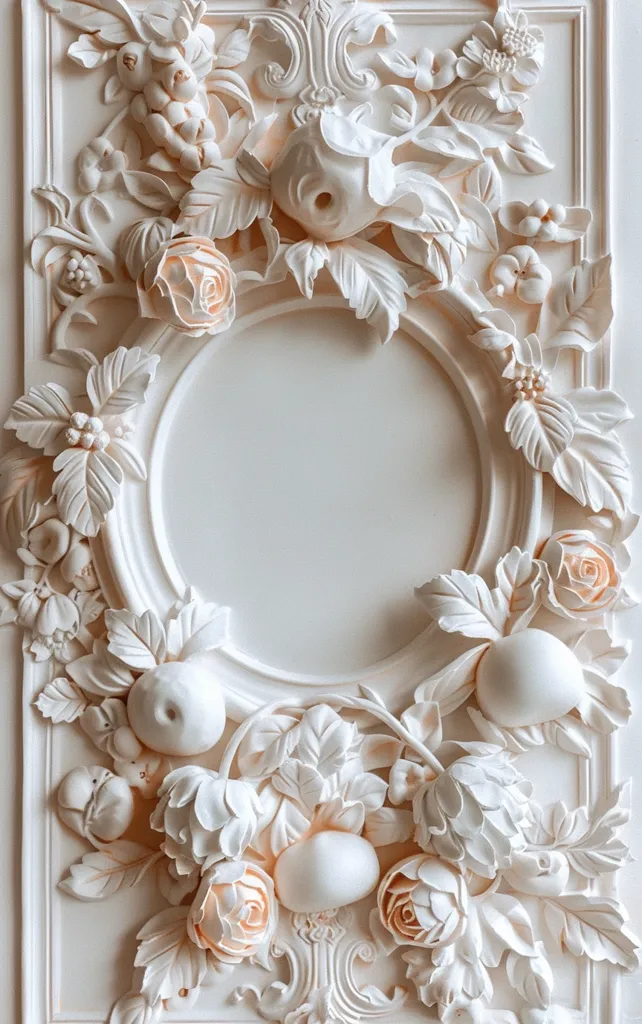 The image shows a beautiful white bas-relief with a floral pattern. The bas-relief is made of plaster and depicts a variety of flowers, fruits, and leaves. The flowers are roses, lilies, and peonies. The fruits are apples, pears, and grapes. The leaves are oak, maple, and ivy. The bas-relief is framed by a simple border.